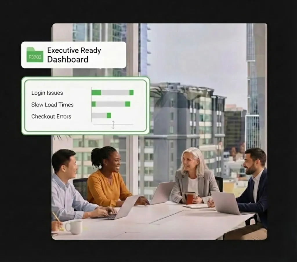 Executive-ready dashboard summarizing login issues, slow load times and checkout errors.